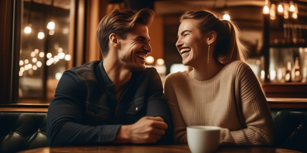 Ein junges Paar lacht zusammen bei einem Date in einem gemütlichen Café, das eine erfolgreiche Verbindung durch Online-Dating zeigt.