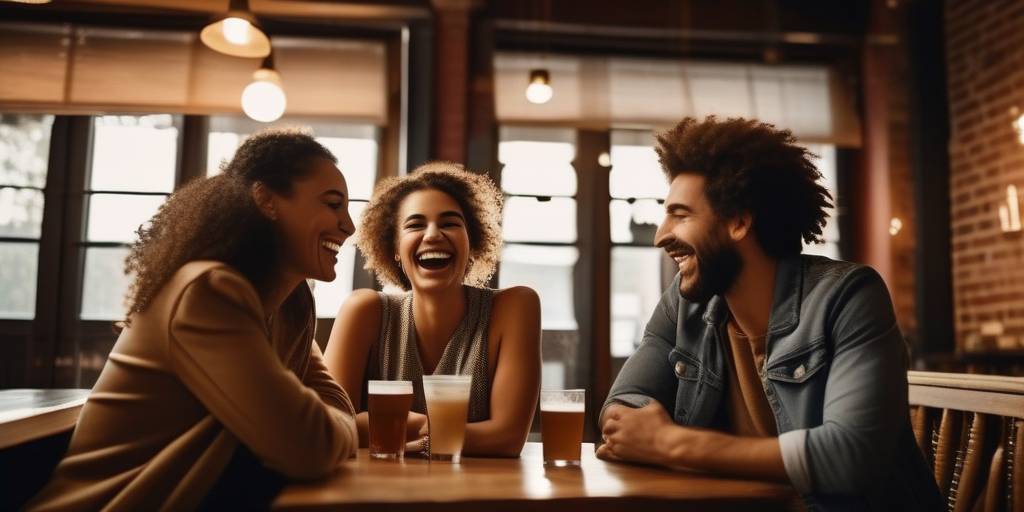 Eine vielfältige Gruppe von Freunden lacht und unterhält sich in einem gemütlichen Café.