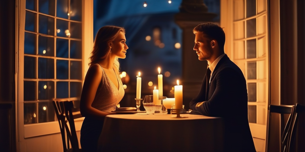 Ein Paar beim ersten Date, sitzt an einem Tisch mit Kerzenlicht, blickt sich an, romantische und intime Atmosphäre.