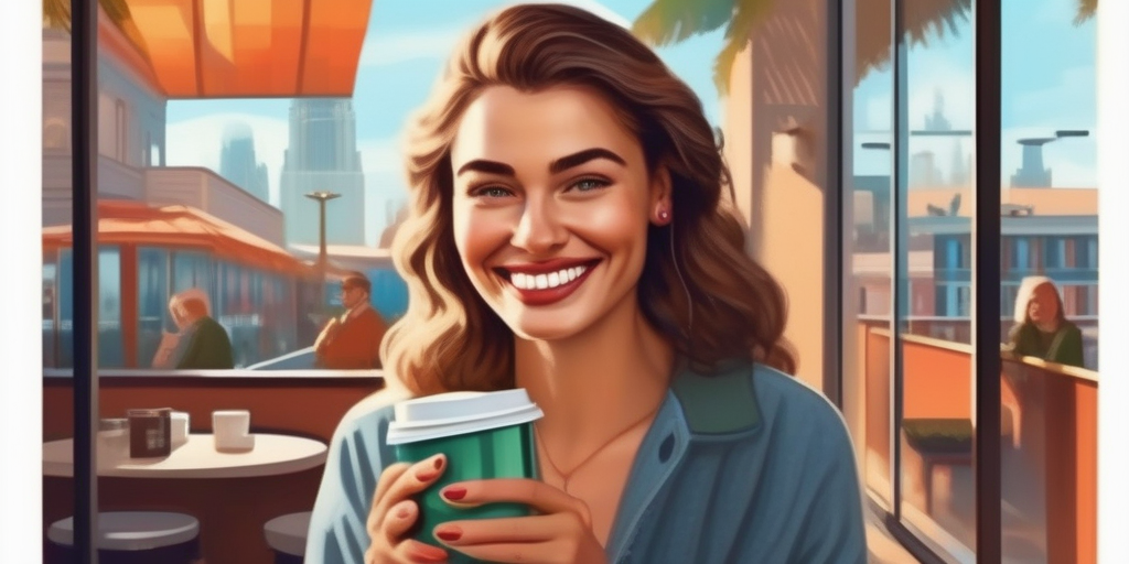Eine Person lächelt selbstbewusst, während sie auf ihr Handy schaut und eine Tasse Kaffee hält.