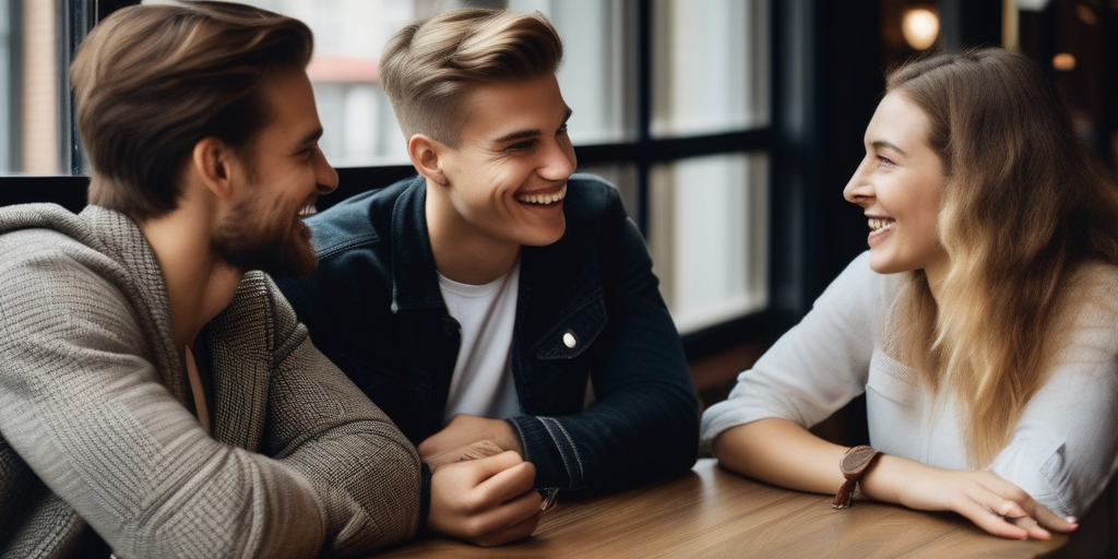 Eine Gruppe junger Leute verschiedener Kulturen unterhält sich in einem Café in Berlin.