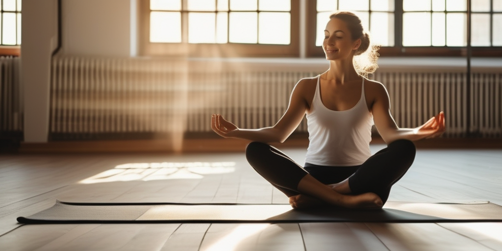 Junge Frau übt Yoga im sonnendurchfluteten Raum, Fokus auf Selbstfürsorge und Achtsamkeit.