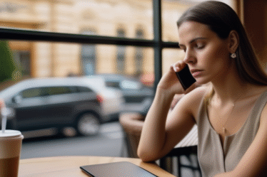 Besorgte Frau schaut auf ihr Handy im Café – Online-Dating-Sicherheit