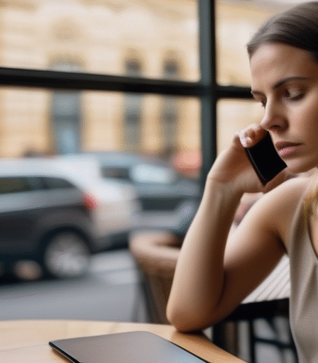 Besorgte Frau schaut auf ihr Handy im Café – Online-Dating-Sicherheit