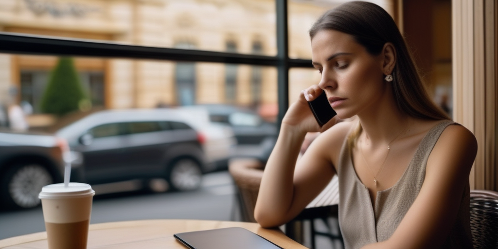 Besorgte Frau schaut auf ihr Handy im Café – Online-Dating-Sicherheit