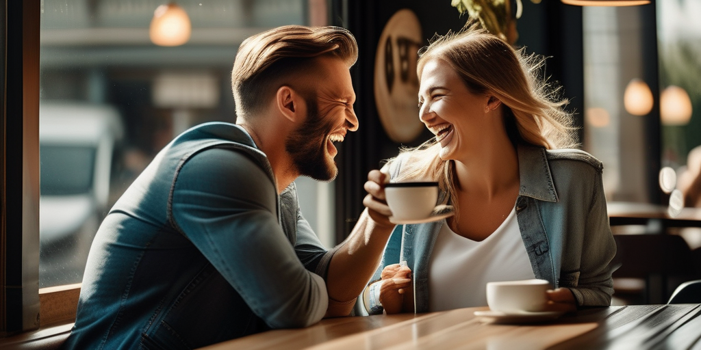 Ein Paar lacht zusammen in einem Café - Ausdruck von Glück und Verbundenheit