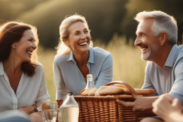 Eine Gruppe von älteren Menschen lacht und genießt ein Picknick im Freien.