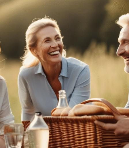 Eine Gruppe von älteren Menschen lacht und genießt ein Picknick im Freien.