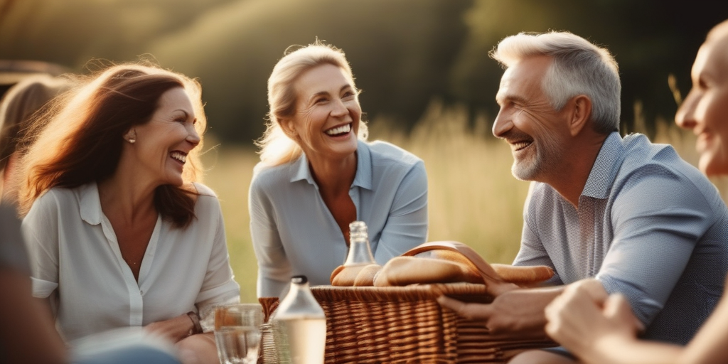 Eine Gruppe von älteren Menschen lacht und genießt ein Picknick im Freien.