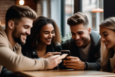 Junge Erwachsene nutzen Smartphones in einem Café.
