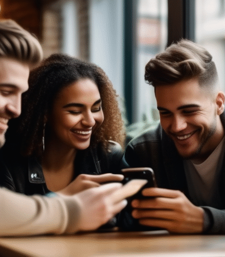 Junge Erwachsene nutzen Smartphones in einem Café.