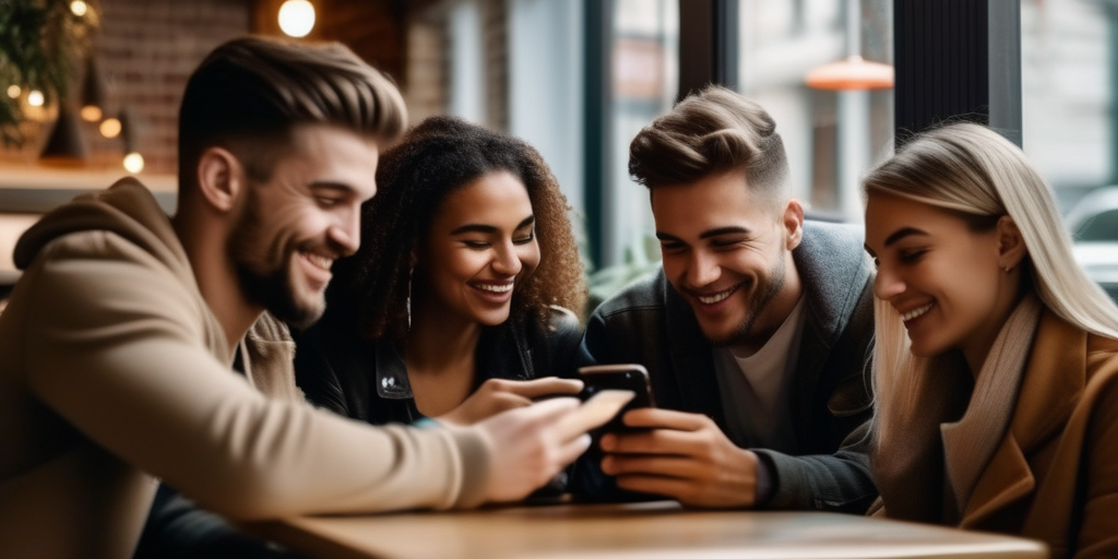 Junge Erwachsene nutzen Smartphones in einem Café.