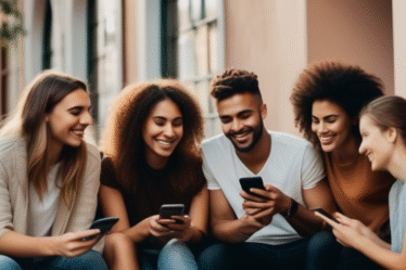 Junge Erwachsene, die Smartphones benutzen und lächeln, um das Konzept des Online-Datings zu veranschaulichen.