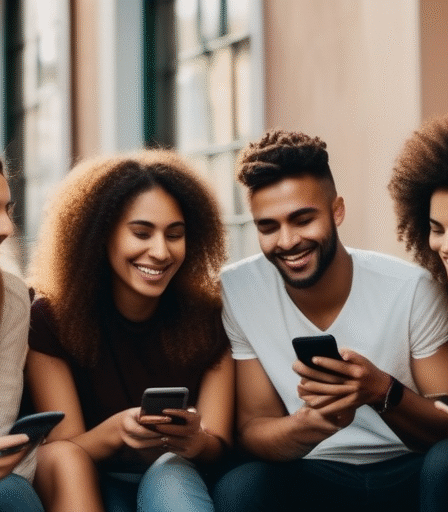 Junge Erwachsene, die Smartphones benutzen und lächeln, um das Konzept des Online-Datings zu veranschaulichen.