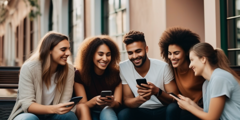 Junge Erwachsene, die Smartphones benutzen und lächeln, um das Konzept des Online-Datings zu veranschaulichen.