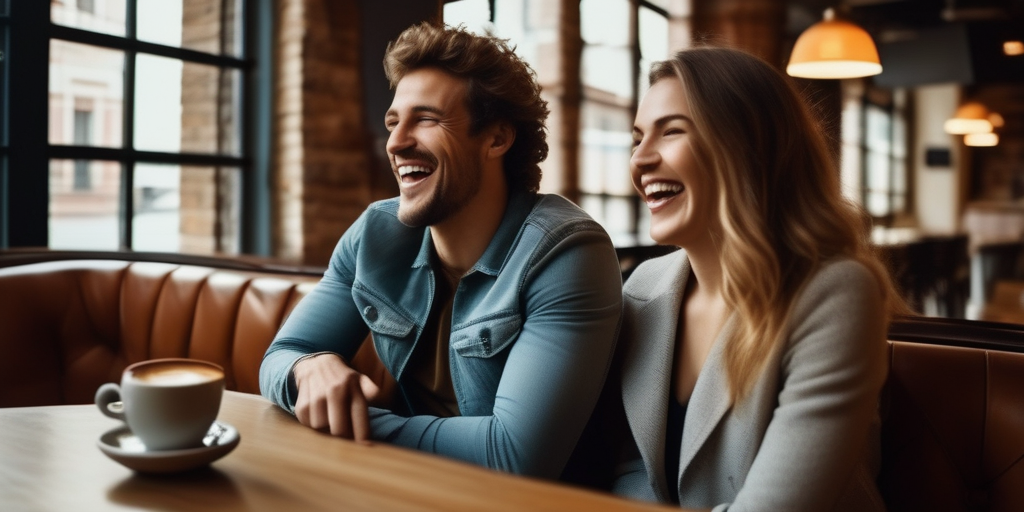 Zwei Personen lachen und unterhalten sich gemütlich in einem Café, das ein erstes Date veranschaulicht.