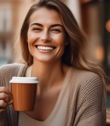Frau lächelt in einem Café – Beispielbild für ein Online-Dating-Profil
