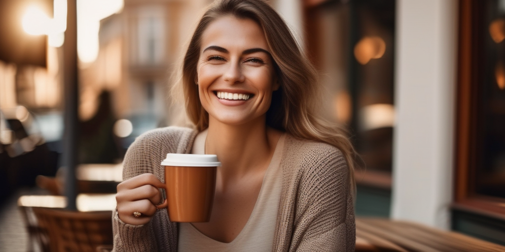 Frau lächelt in einem Café – Beispielbild für ein Online-Dating-Profil