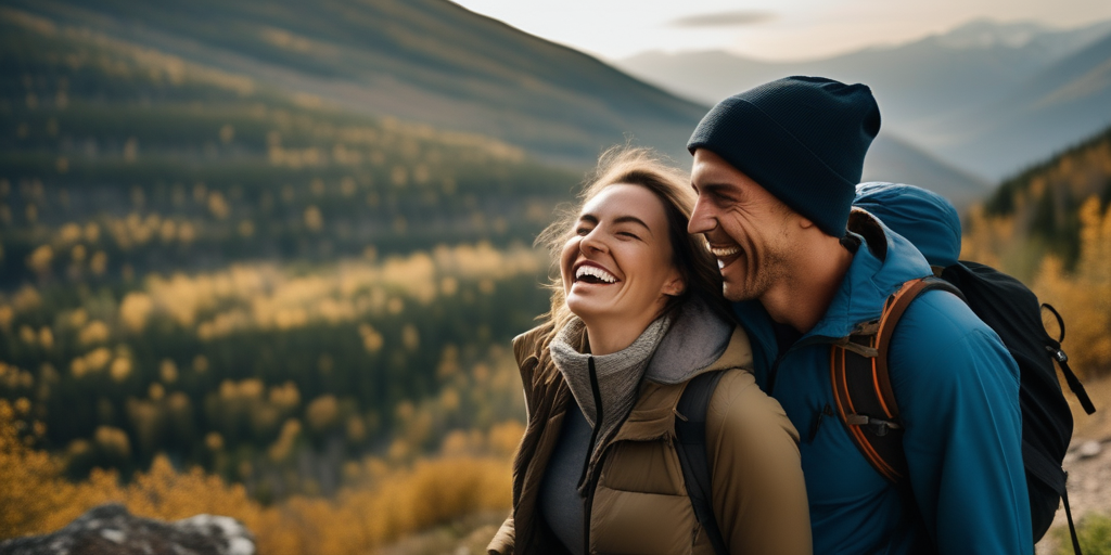 Wandernde Paare lachen zusammen – Beispielbild für ein Online-Dating-Profil
