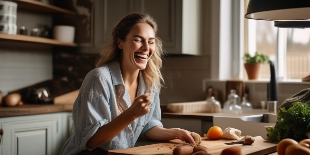 Person lacht beim Kochen – Beispielbild für ein Online-Dating-Profil