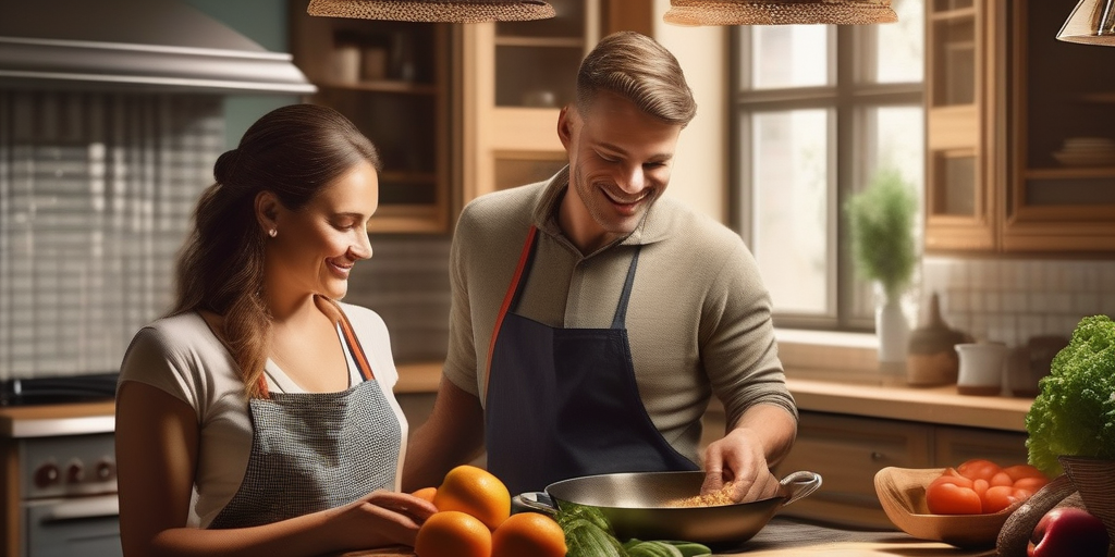 Ein Paar kocht zusammen und repräsentiert den kulturellen Austausch von Essen und Traditionen.