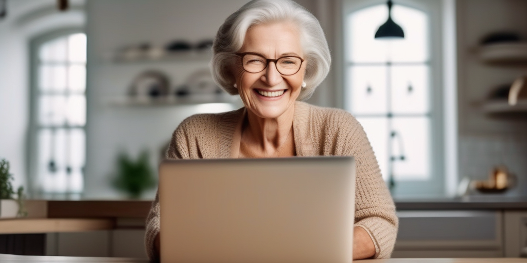 Eine Frau ab 50 Jahren lächelt und schaut auf einen Laptop mit einer Dating-App.