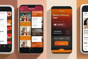Eine Collage von Smartphone-Bildschirmen mit verschiedenen Dating-App-Oberflächen.