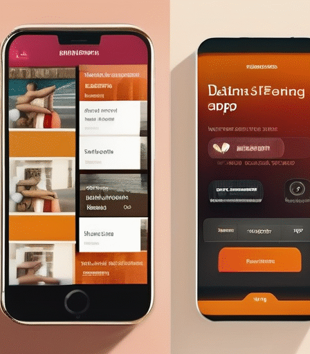 Eine Collage von Smartphone-Bildschirmen mit verschiedenen Dating-App-Oberflächen.