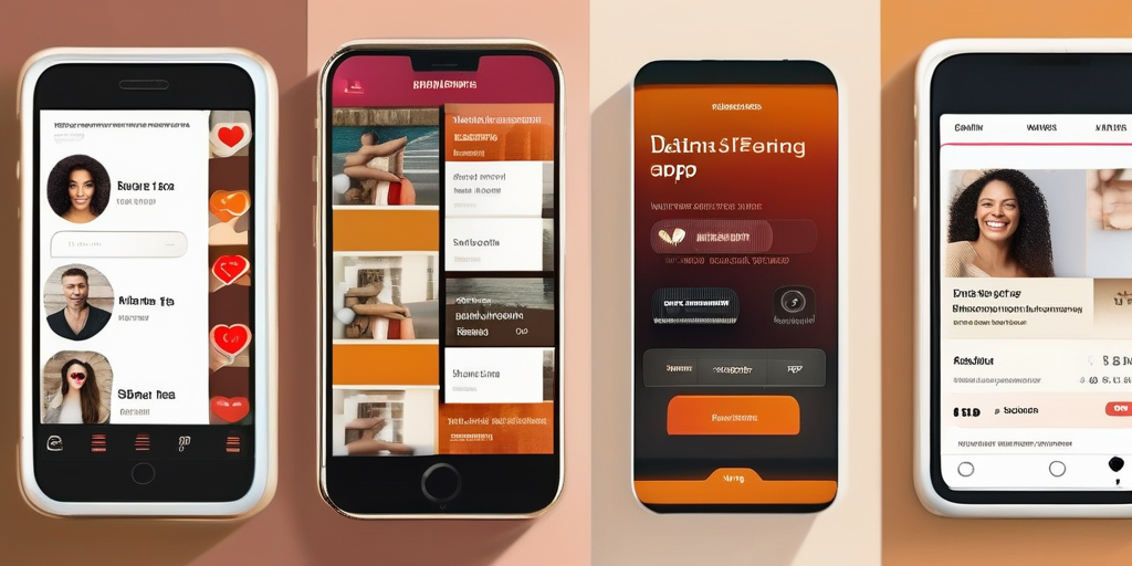 Eine Collage von Smartphone-Bildschirmen mit verschiedenen Dating-App-Oberflächen.