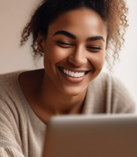 Eine Person lächelt und benutzt einen Laptop, um auf einer Dating-App nach einem Match zu suchen.