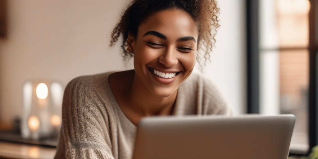 Eine Person lächelt und benutzt einen Laptop, um auf einer Dating-App nach einem Match zu suchen.