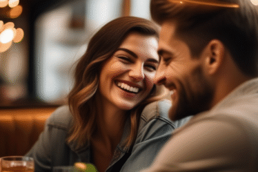 Ein Pärchen lacht und genießt ein entspanntes Date in einem gemütlichen Café.