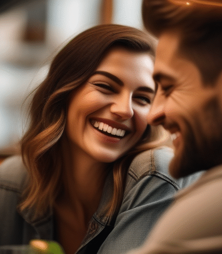 Ein Pärchen lacht und genießt ein entspanntes Date in einem gemütlichen Café.