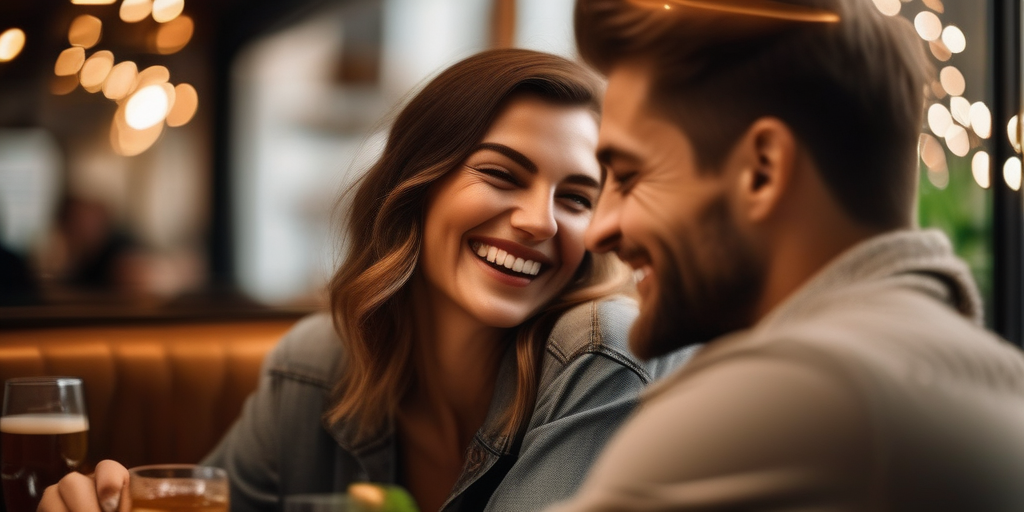 Ein Pärchen lacht und genießt ein entspanntes Date in einem gemütlichen Café.