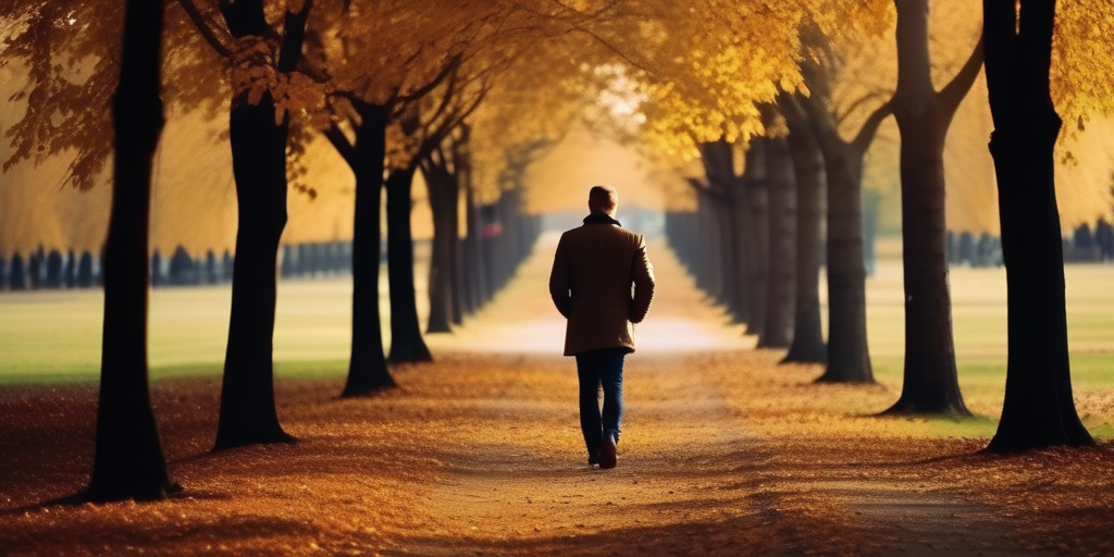 Ein Paar geht Hand in Hand durch einen Park mit Herbstlaub.