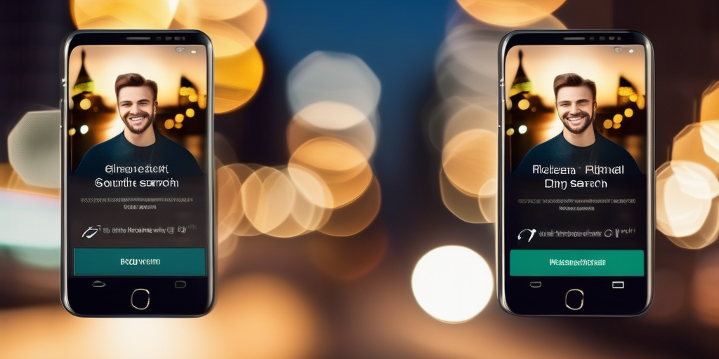 Ein Smartphone zeigt ein Dating-App-Profil mit einer lächelnden Person, überlagert mit einem Bokeh-Effekt von Stadtlichtern.