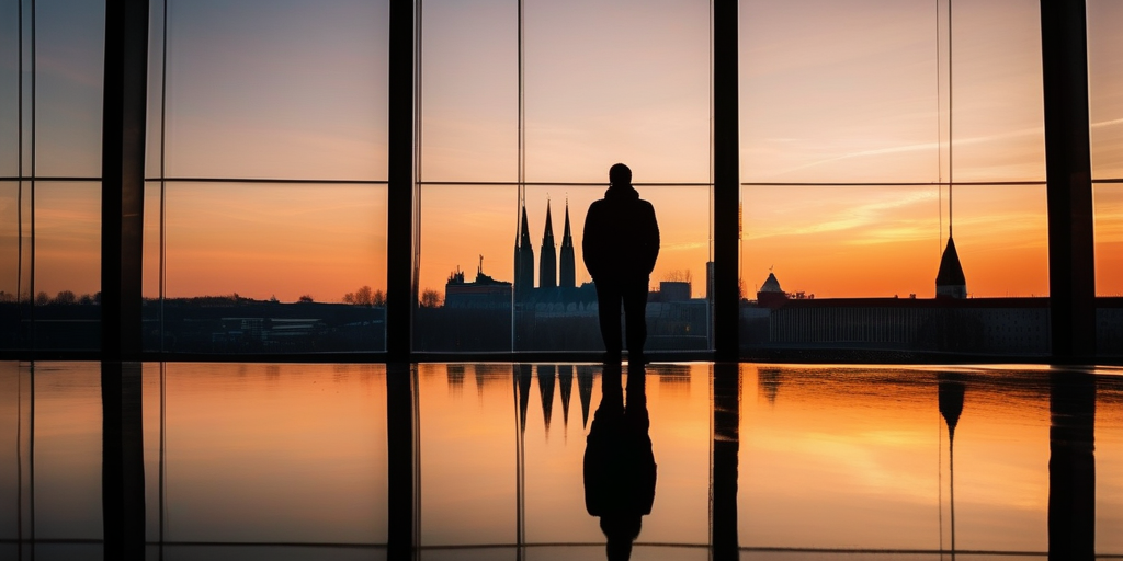 Eine Person vor einem Sonnenuntergang über einer deutschen Stadt, friedlich und nachdenklich. Symbolik für neue Anfänge und Selbstentdeckung.