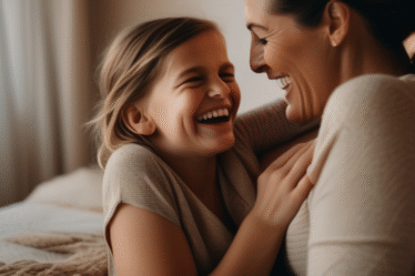 Eine Mutter und ihr Kind lachen gemeinsam. Symbolisiert die Wichtigkeit der Familie bei der Partnersuche.