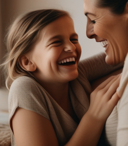 Eine Mutter und ihr Kind lachen gemeinsam. Symbolisiert die Wichtigkeit der Familie bei der Partnersuche.