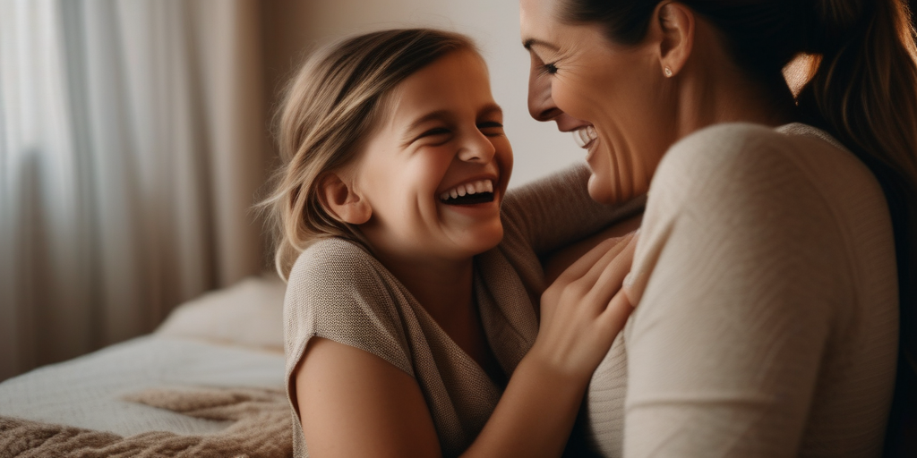 Eine Mutter und ihr Kind lachen gemeinsam. Symbolisiert die Wichtigkeit der Familie bei der Partnersuche.