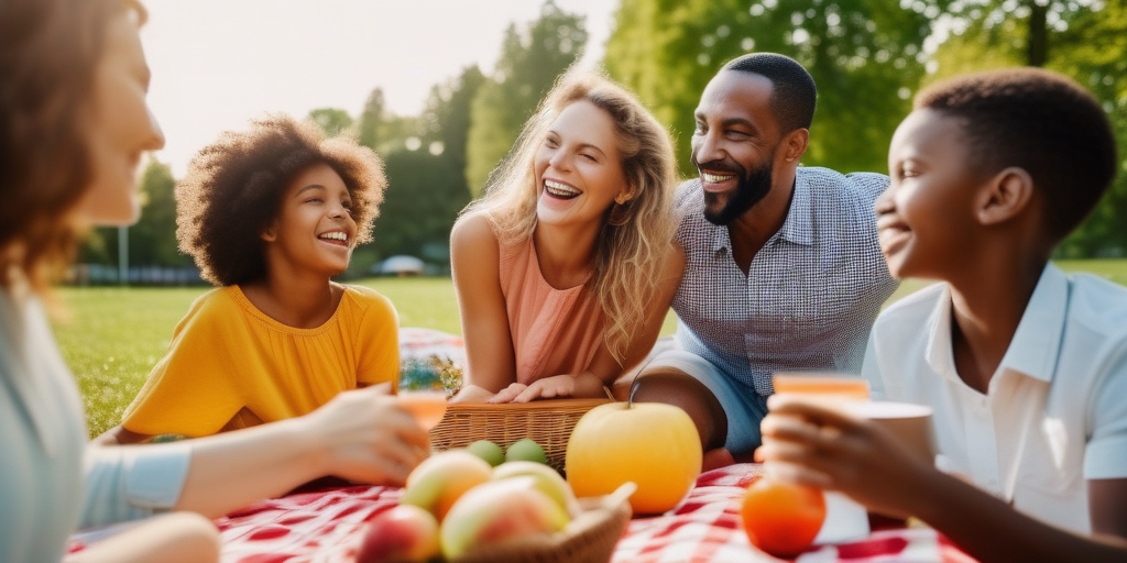 Eine Gruppe von Eltern und Kindern genießt ein Picknick im Park. Vermittelt ein positives Bild von Patchworkfamilien.