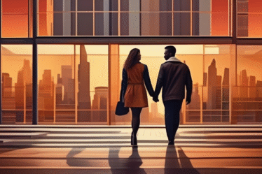 Paare in einer modernen Stadtlandschaft, die Liebe und Verbindung symbolisieren.