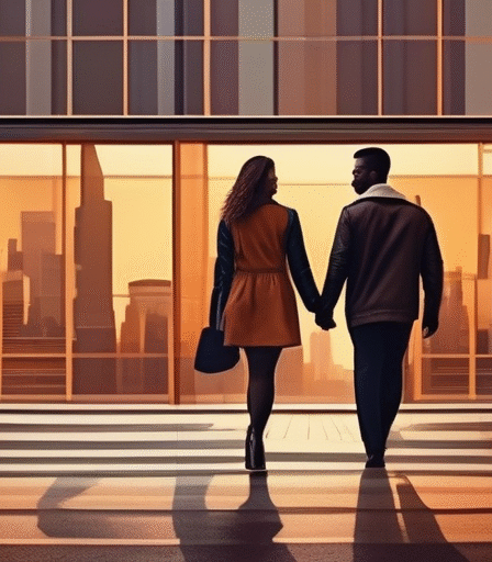 Paare in einer modernen Stadtlandschaft, die Liebe und Verbindung symbolisieren.