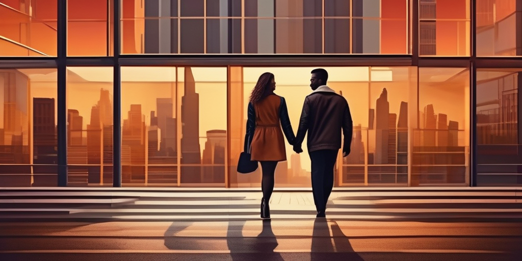 Paare in einer modernen Stadtlandschaft, die Liebe und Verbindung symbolisieren.