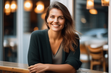 Eine lächelnde Frau in Berlin, die sich für ein Online-Dating-Profil fotografieren lässt.