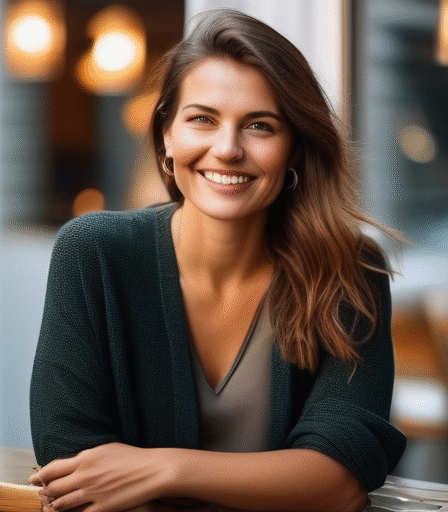 Eine lächelnde Frau in Berlin, die sich für ein Online-Dating-Profil fotografieren lässt.