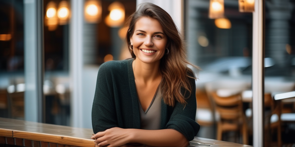 Eine lächelnde Frau in Berlin, die sich für ein Online-Dating-Profil fotografieren lässt.