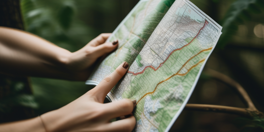 Hände einer Frau, die eine Wanderkarte in einem Wald hält – zeigt Abenteuerlust.