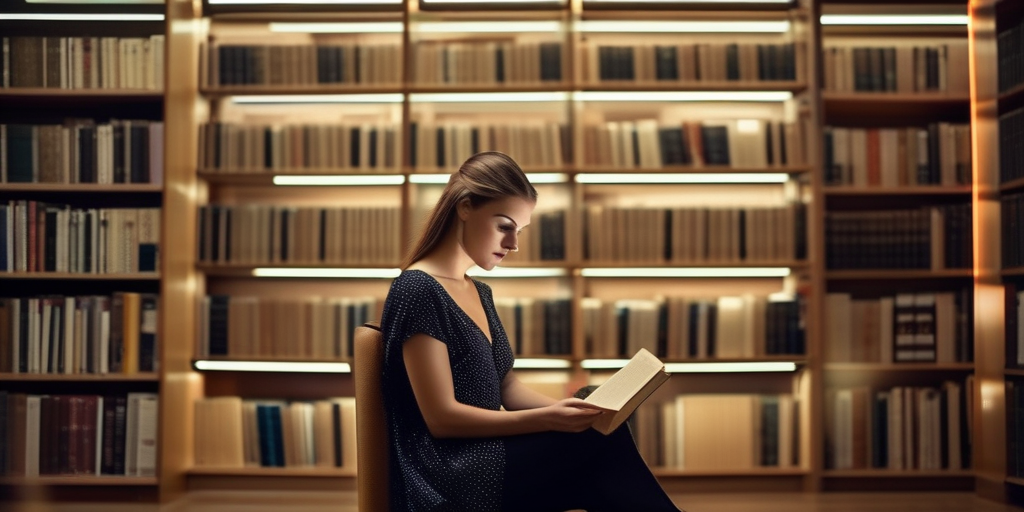Eine Frau liest ein Buch in einer Bibliothek – zeigt intellektuelles Interesse.