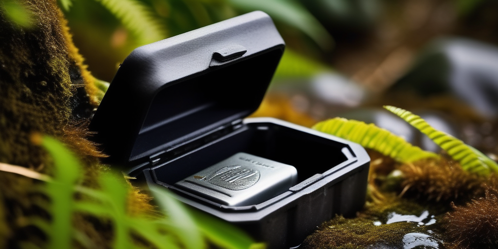 Nahaufnahme eines versteckten Geocache-Containers, der zwischen Steinen und Vegetation liegt.
